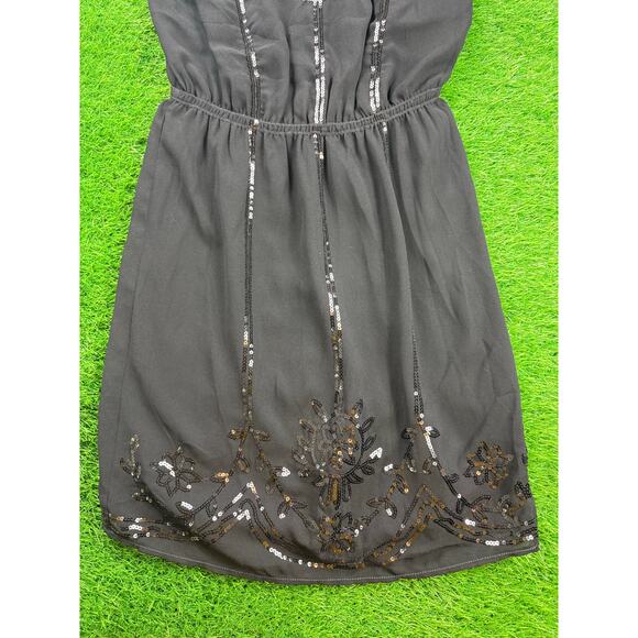 Max Studio M.S.S.P. Black Beaded Sequin Dress Sz M Elastic Waist Floral Hem Mini - Picture 4 of 8